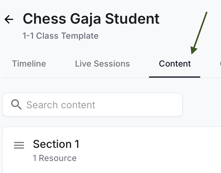 Screenshot of a website showing "Chess Gaja Student" as a 1-1 class template with tabs for Timeline, Live Sessions, and Content. The Content tab is open, displaying "Section 1" with 1 resource.